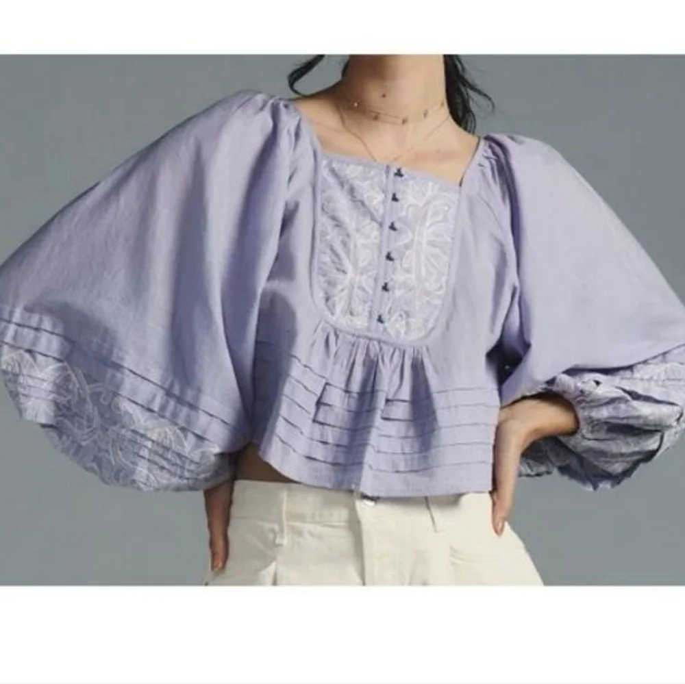 By Anthropolgie Lace Babydoll Embroidered Blouse Lavender Purple Size XL - Picture 1 of 8